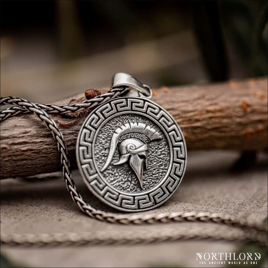 Spartan Helmet Pendant With Meander Pattern Sterling Silver - Northlord