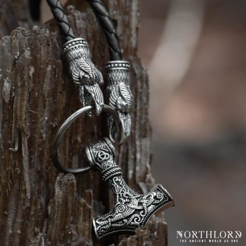 Thor's Hammer Necklace With Leather Cord and Raven Heads - Northlord (1)