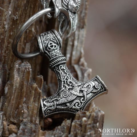 Thor's Hammer Necklace With Leather Cord and Raven Heads - Northlord (2)