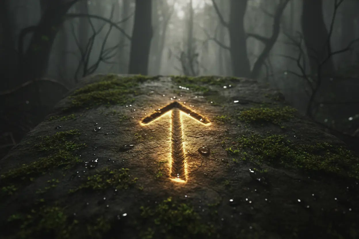 Tiwaz rune carved in ancient Norse stone - symbol of Tyr god of justice