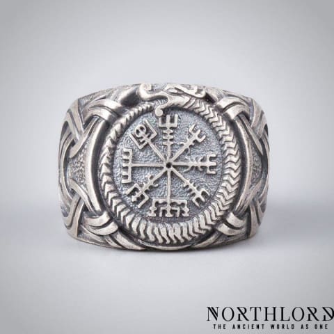 Vegvisir and Jormungandr Viking Ring - Northlord