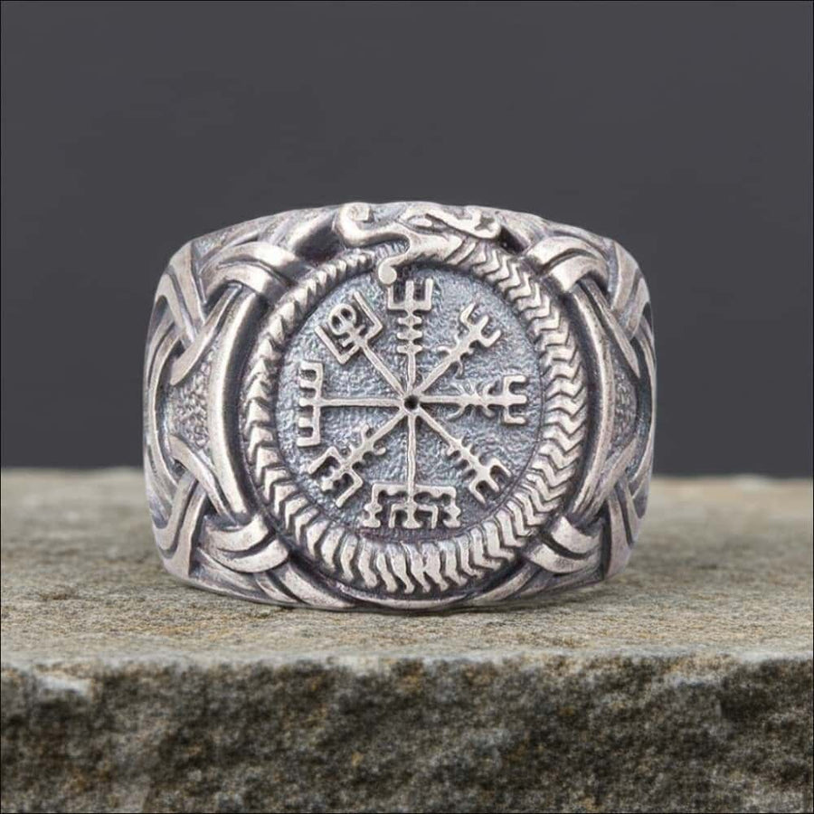 Vegvisir Ring With Jormungandr Silvered Bronze - Northlord-PK