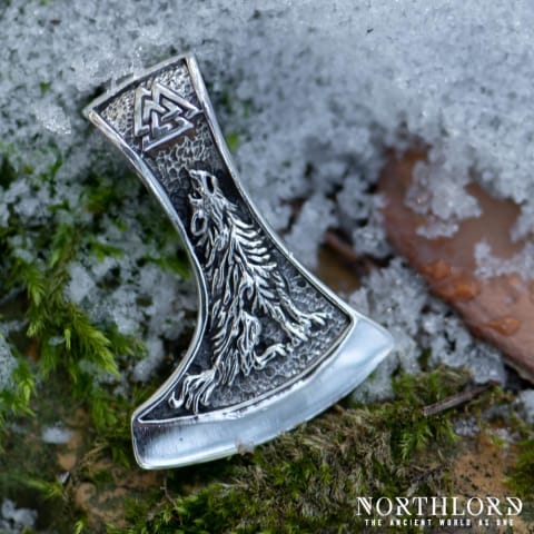 Viking Axe Pendant Qith Raven and Wolf, Viking Jewelry, Sterling Silver - Northlord (6)