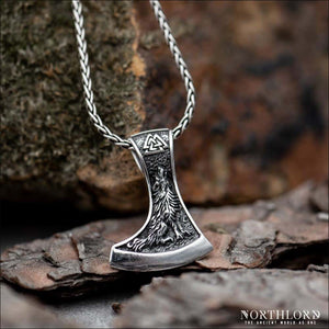 Viking Axe Pendant With Raven and Wolf Sterling Silver - Northlord