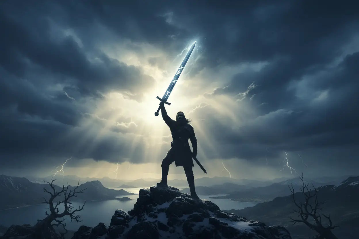 Viking warrior invoking the Tiwaz rune before battle