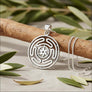 Wheel of Hecate sterling silver pendant with wheat chain, ancient Greek Strophalos jewelry, front view