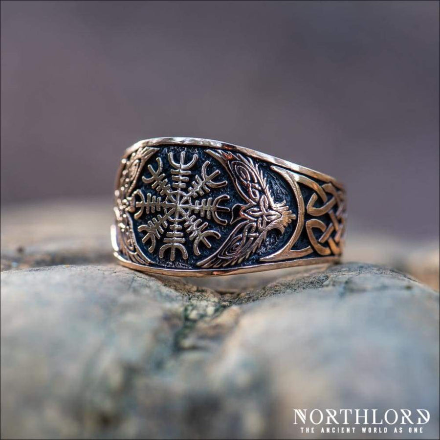 Aegishjalmur Ring With Ravens Bronze - Northlord