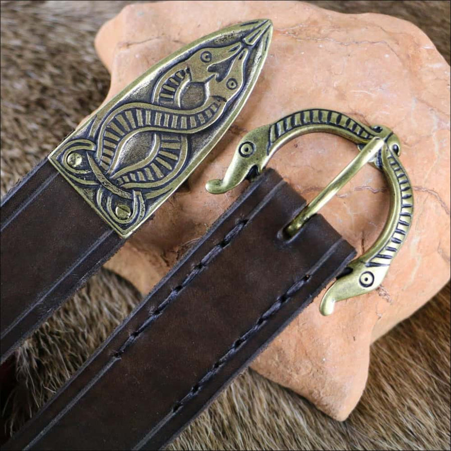 Brown Leather Viking Belt With Borre Art - Northlord