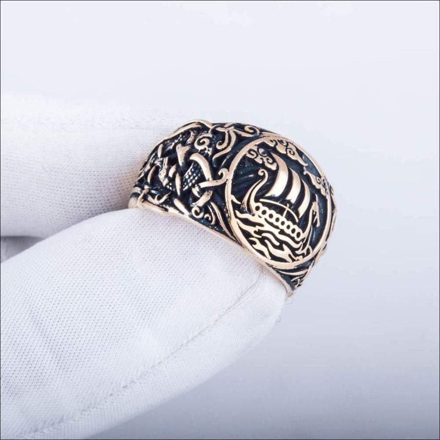 Drakkar Ship Ring With Mammen Art Bronze - Northlord-VK