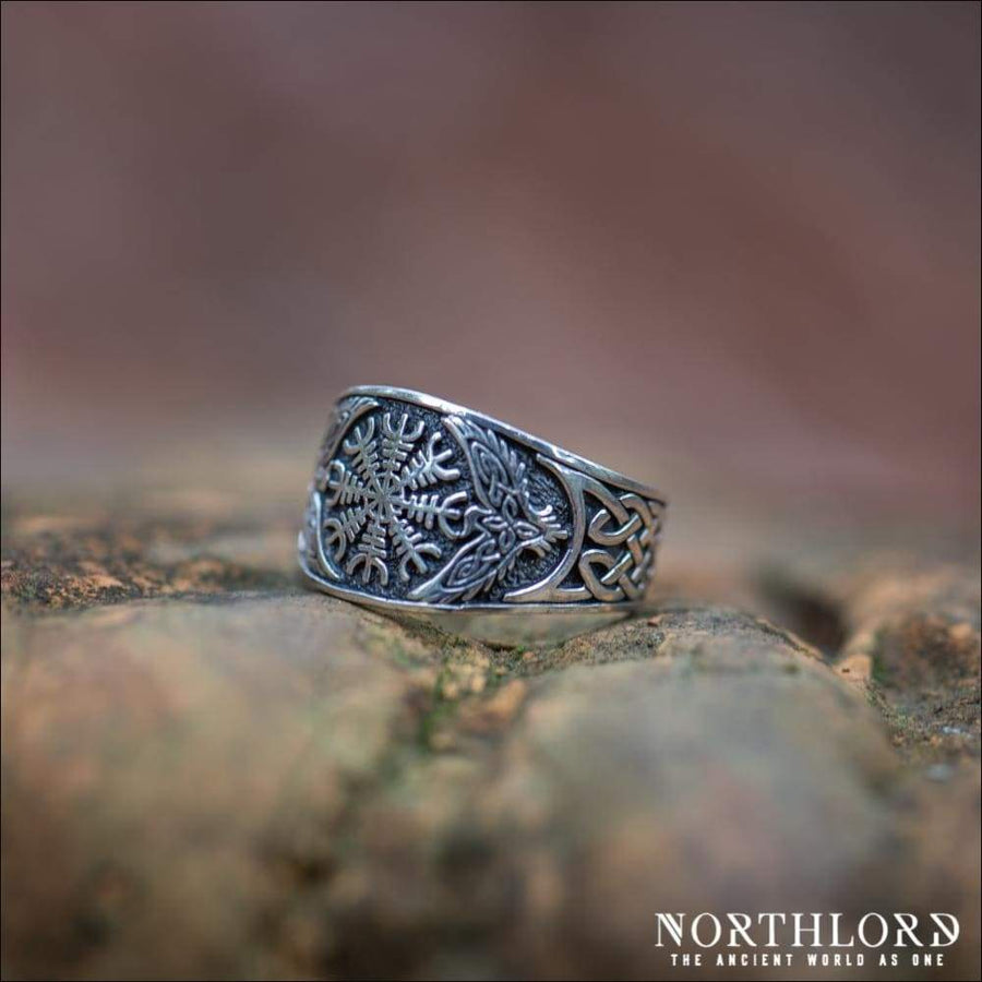 Helm Of Awe Ring With Ravens Sterling Silver - Northlord
