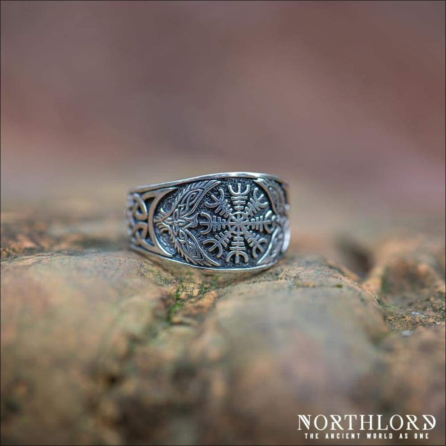 Helm Of Awe Ring With Ravens Sterling Silver - Northlord