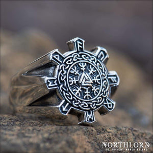 Helm Of Awe Ring With Runes Geometric Sterling Silver - Northlord