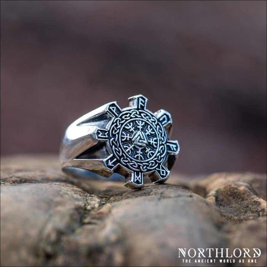 Helm Of Awe Ring With Runes Geometric Sterling Silver - Northlord