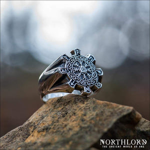 Helm Of Awe Ring With Runes Geometric Sterling Silver - Northlord