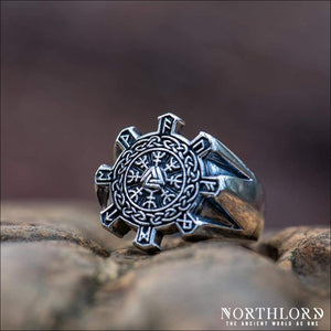 Helm Of Awe Ring With Runes Geometric Sterling Silver - Northlord