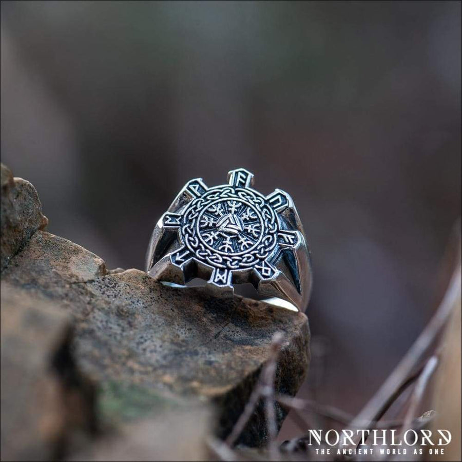 Helm Of Awe Ring With Runes Geometric Sterling Silver - Northlord