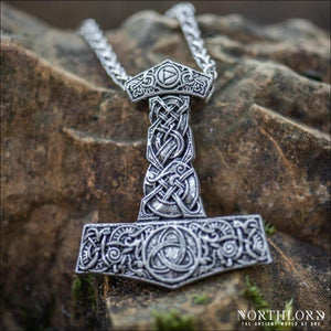 Large Thor’s Hammer Necklace With Knotwork Silver-Plated - Northlord