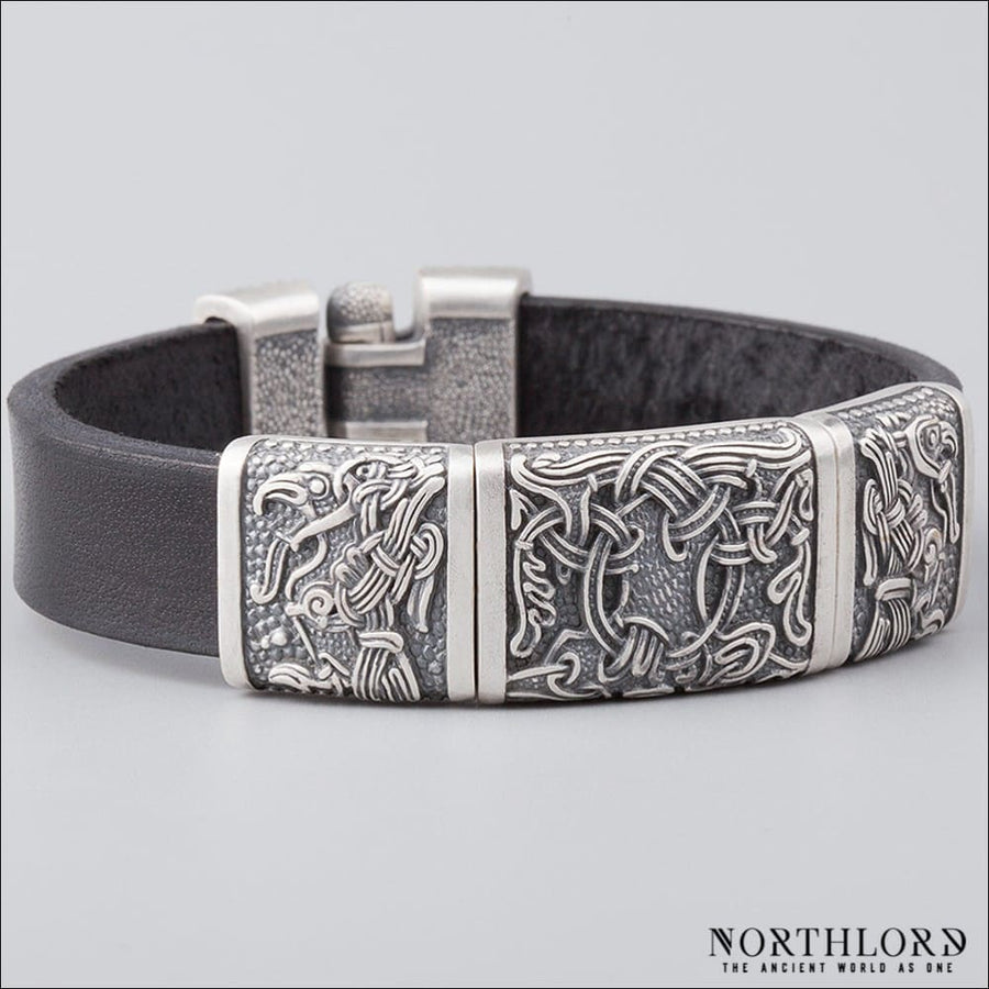Leather Bracelet With Yggdrasil and Ravens Silvered Bronze - Northlord-PK