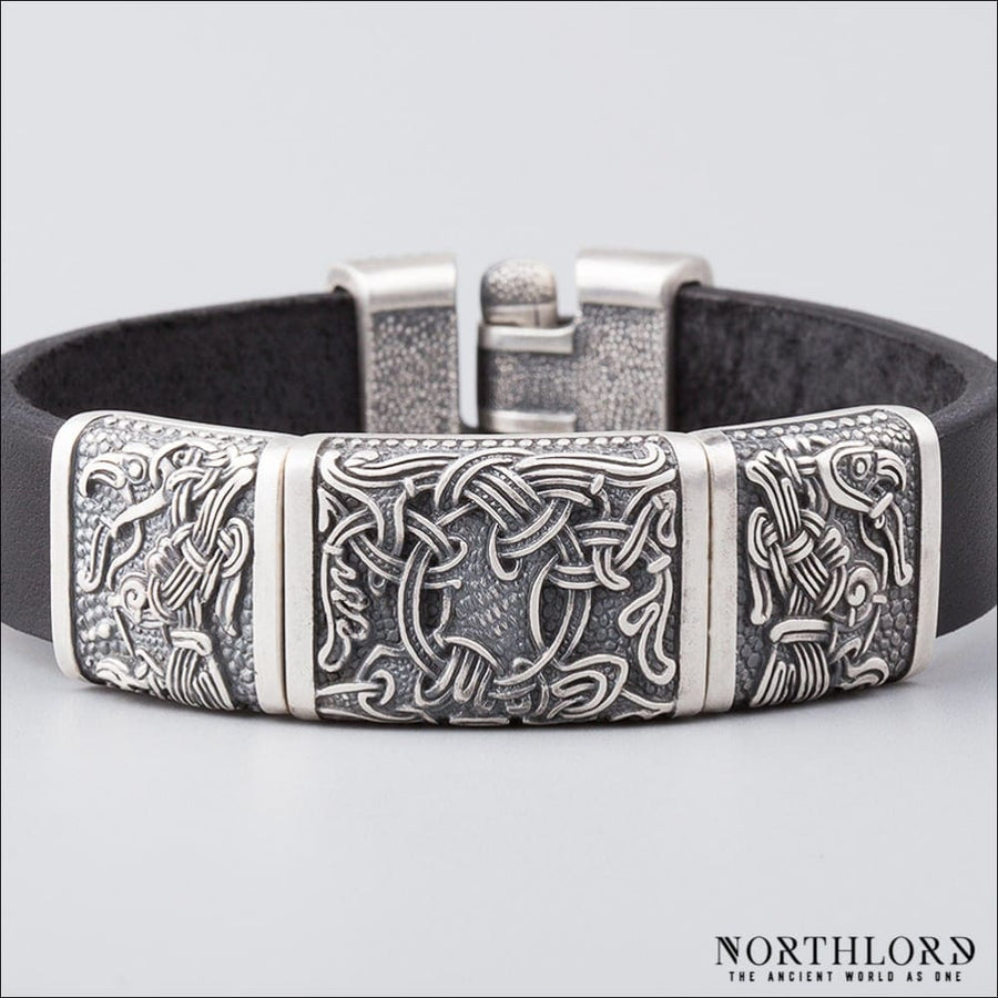 Leather Bracelet With Yggdrasil and Ravens Silvered Bronze - Northlord-PK