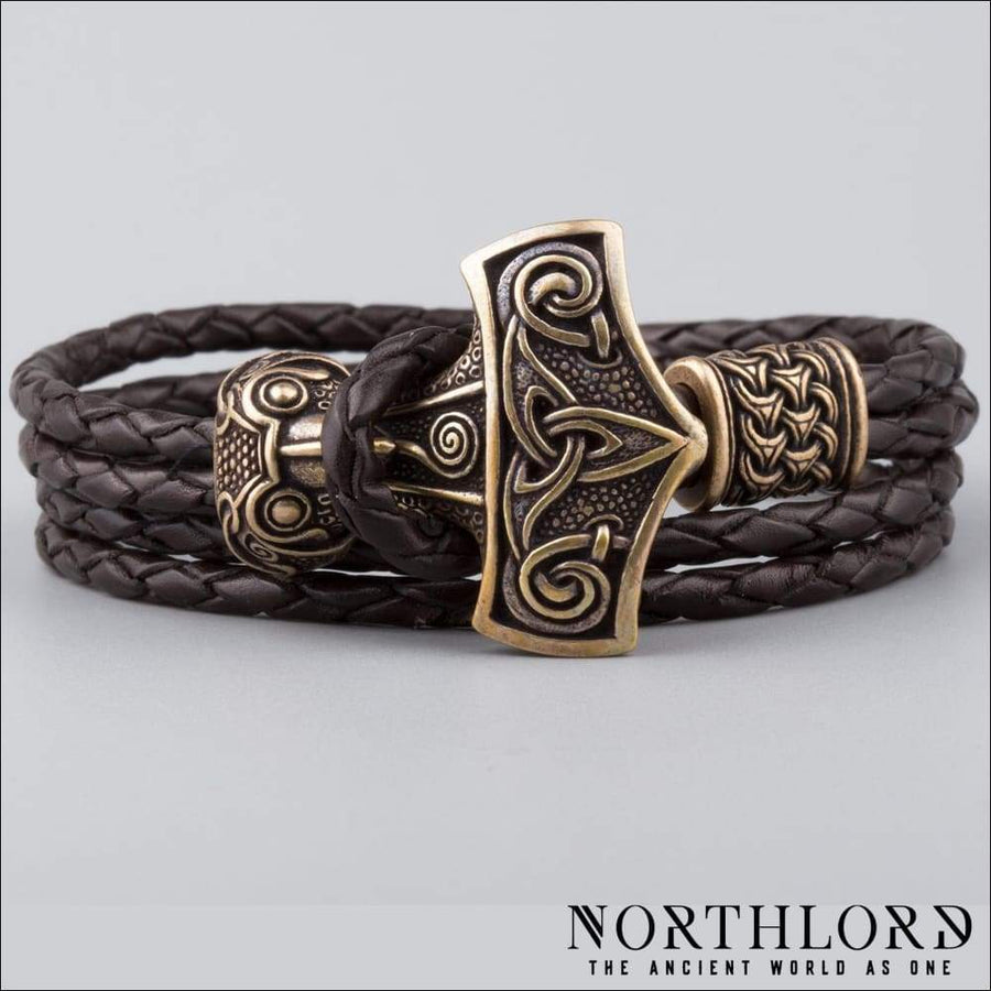 Leather Viking Bracelet With Mjolnir Bronze - Northlord-PK