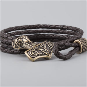 Leather Viking Bracelet With Mjolnir Bronze - Northlord-PK