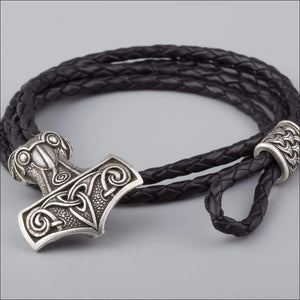 Leather Viking Bracelet With Mjolnir Silvered Bronze - Northlord-PK