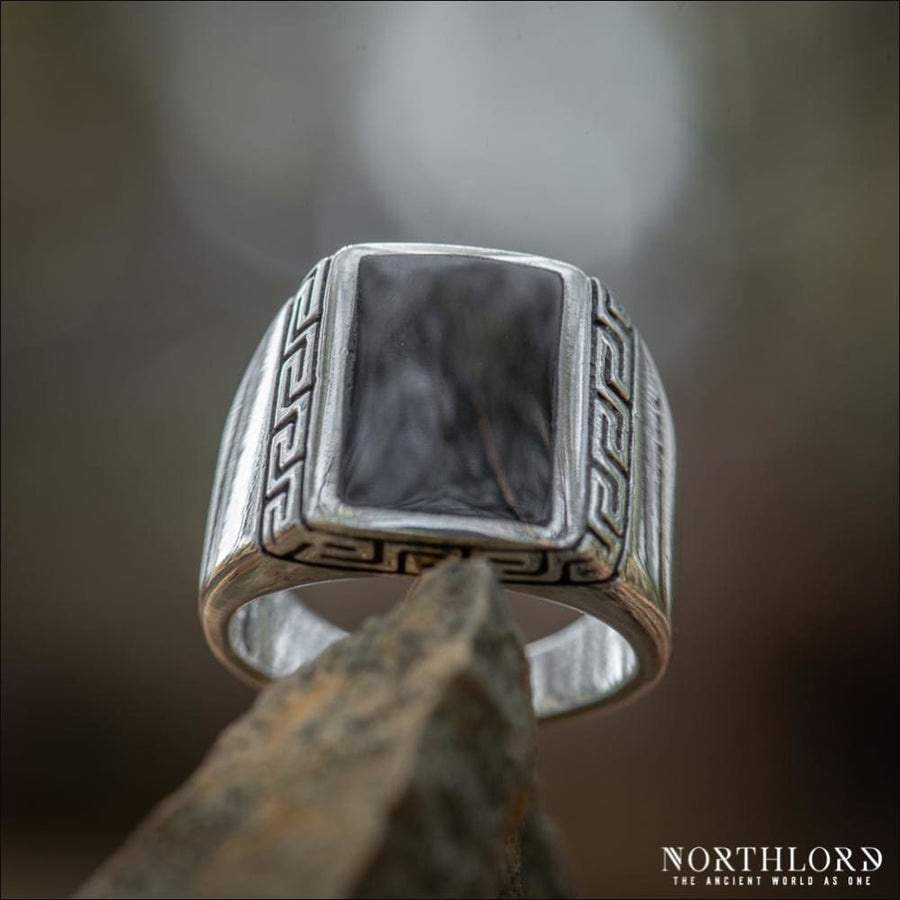 Rectangle Greek Ring With Meander and Black Onyx Sterling Silver - Northlord