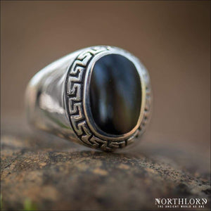 Oval Greek Ring With Meander and Black Onyx Sterling Silver - Northlord