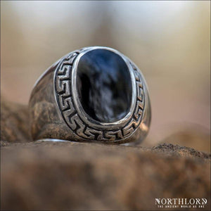 Oval Greek Ring With Meander and Black Onyx Sterling Silver - Northlord