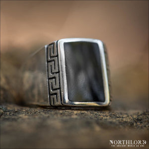 Rectangle Greek Ring With Meander and Black Onyx Sterling Silver - Northlord