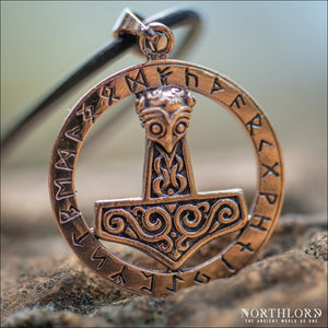 Small Thor’s Hammer Amulet With Runes Bronze - Northlord