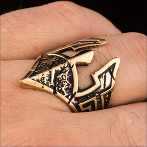Spartan Helmet Ring With Meander Pattern Bronze - Northlord-VK