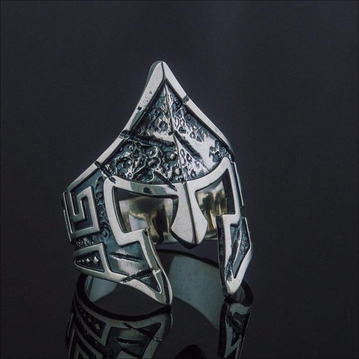 Spartan Helmet Ring With Meander Pattern Sterling Silver - Northlord-VK