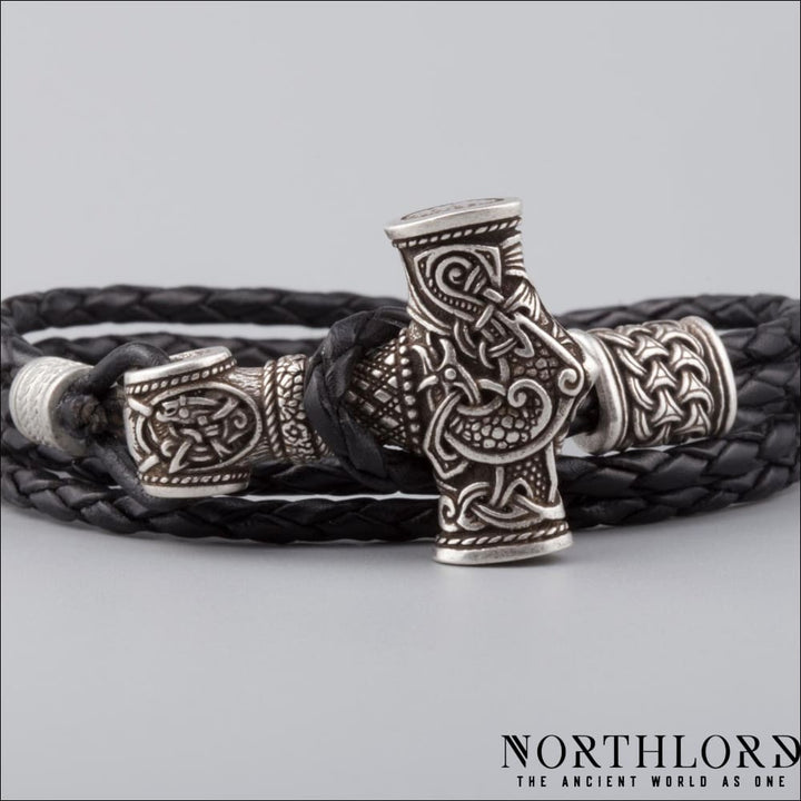 Thor’s Hammer Bracelet With Knotted Bead Silvered Bronze - Northlord-PK