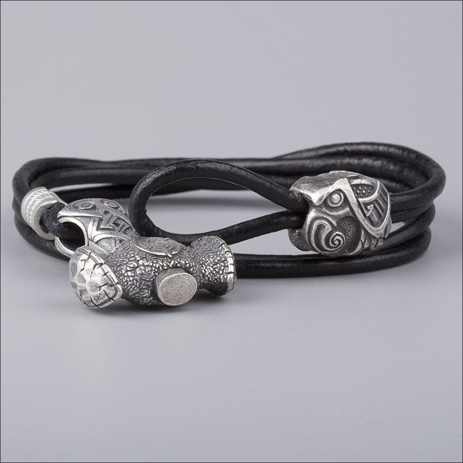 Thor’s Hammer Bracelet With Odin’s Raven Silvered Bronze - Northlord-PK
