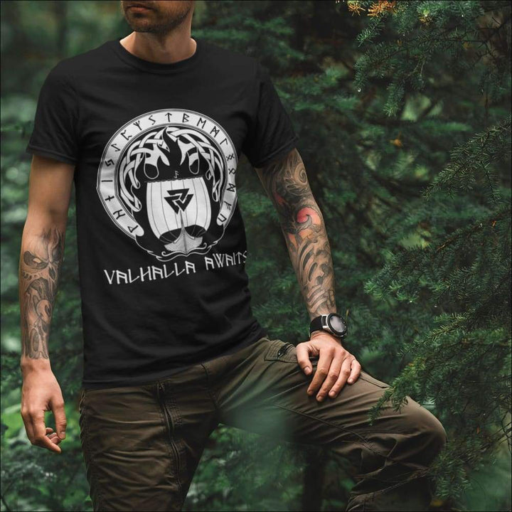 Valhalla Awaits Viking T-shirt Black and Navy - Northlord