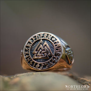 Valknut Ring With Runes Bronze - Northlord