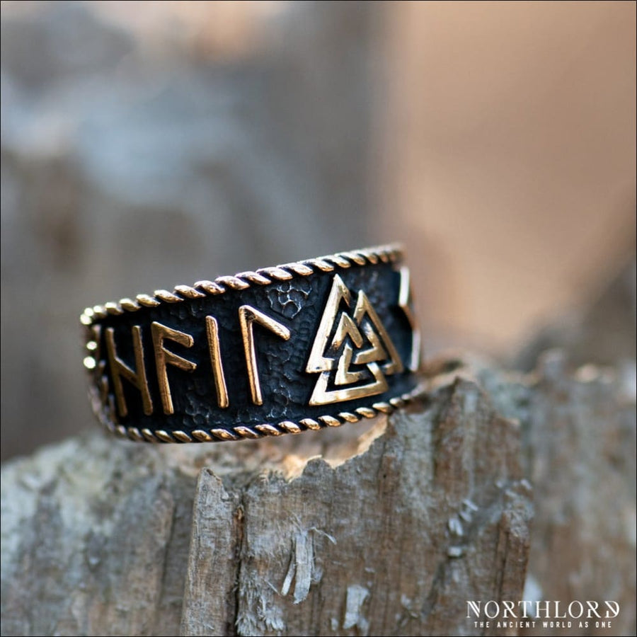 Valknut Ring With Runes Hail Odin Bronze - Northlord