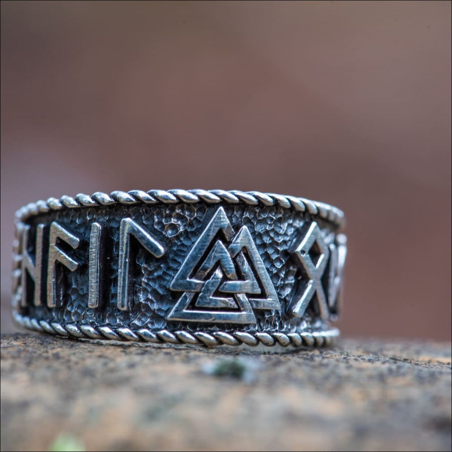 Valknut Ring With Runic Inscription Sterling Silver - Northlord
