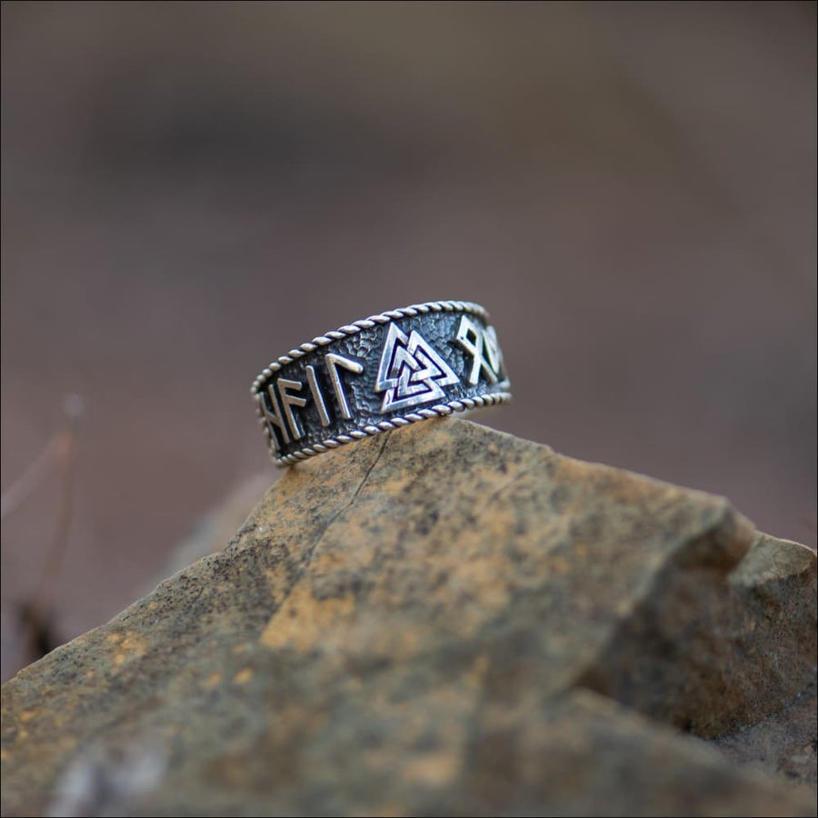 Valknut With Rune Inscriptions Valknut Ring With Runic Inscription Sterling Silver - Northlord