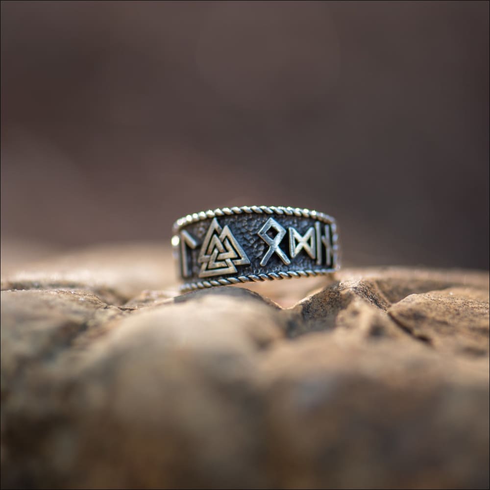 Valknut With Rune Inscriptions Valknut Ring With Runic Inscription Sterling Silver - Northlord