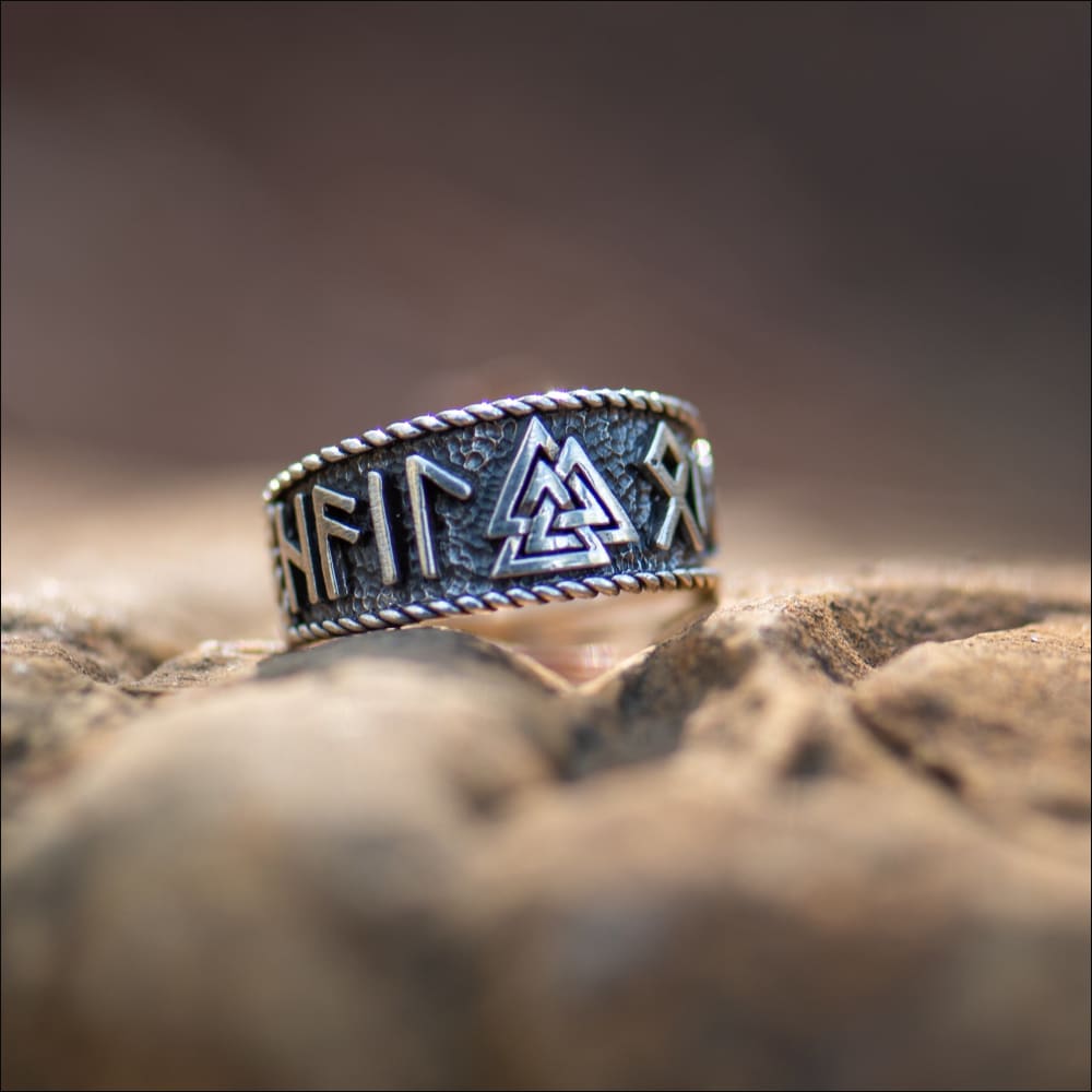 Valknut With Rune Inscriptions Valknut Ring With Runic Inscription Sterling Silver - Northlord