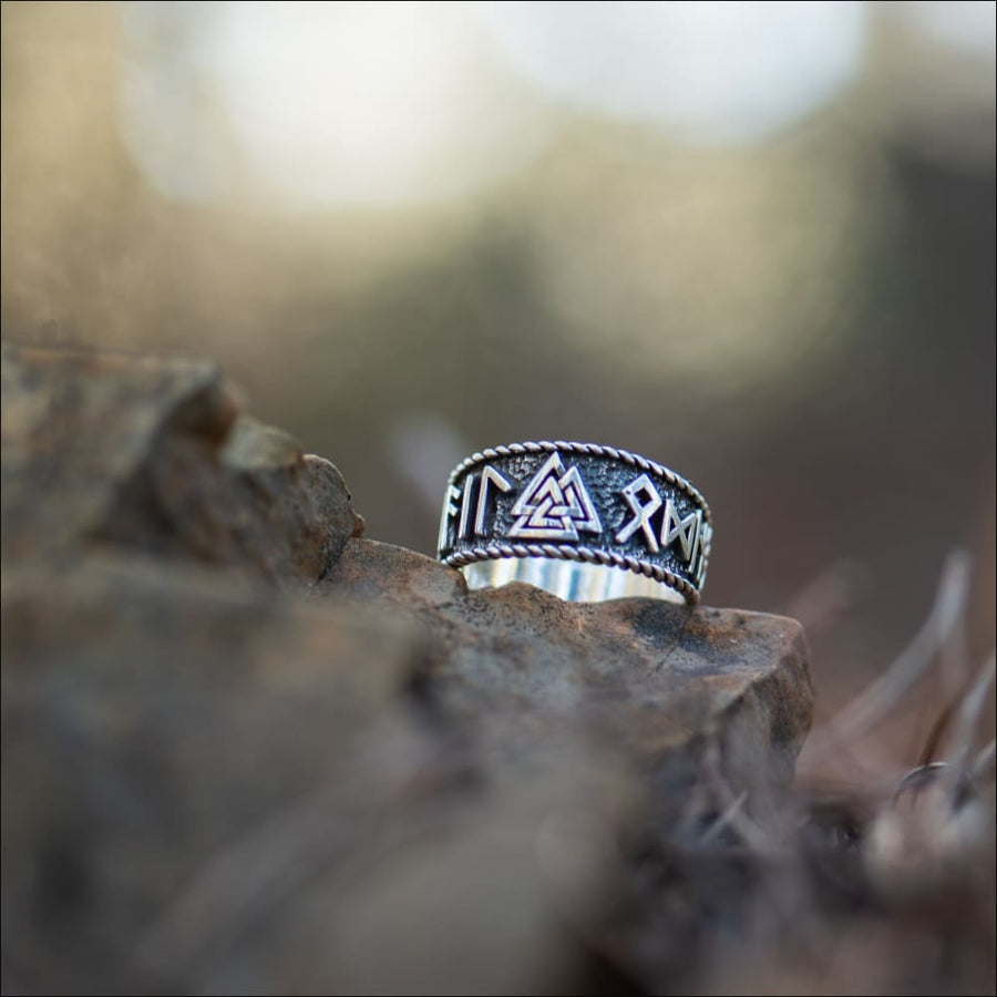 Valknut With Rune Inscriptions Valknut Ring With Runic Inscription Sterling Silver - Northlord