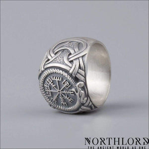 Vegvisir and Jormungandr Viking Ring Sterling Silver - Northlord-PK