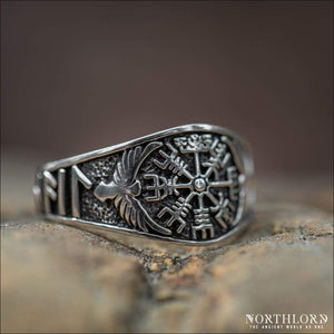 Vegvisir Ring With Hail Odin and Ravens Sterling Silver - Northlord