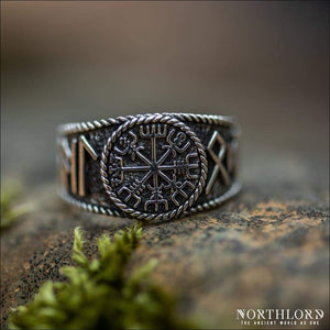 Vegvisir Ring With Hail Odin Runes Sterling Silver - Northlord