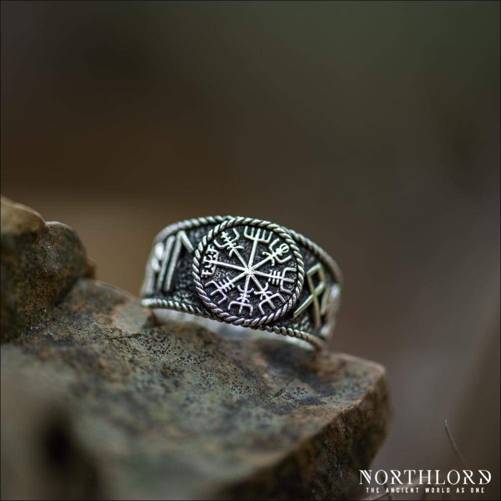 Vegvisir Ring With Hail Odin Runes Sterling Silver - Northlord
