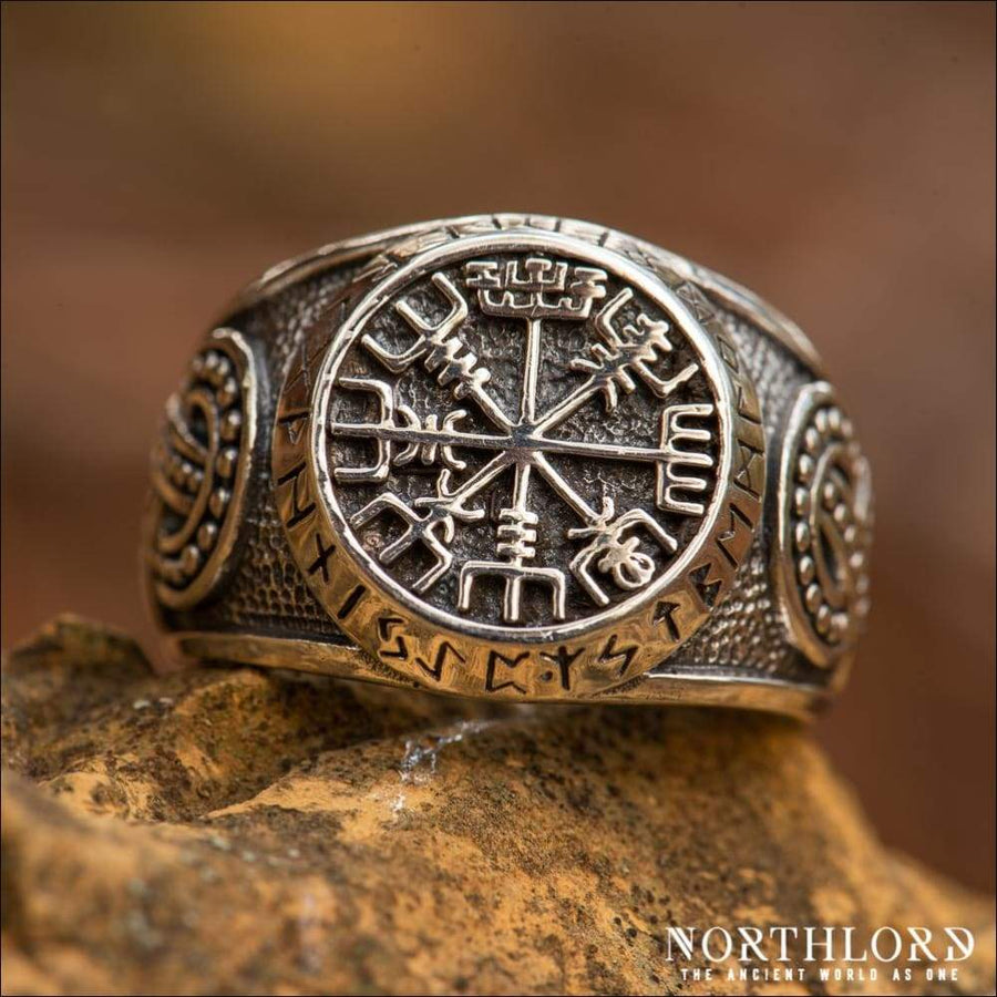 Vegvisir Ring With Jormungandr Knotwork Sterling Silver - Northlord