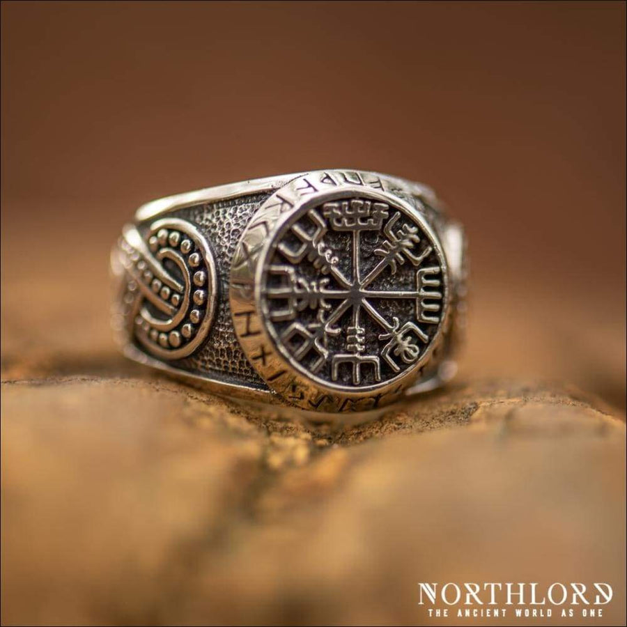 Vegvisir Ring With Jormungandr Knotwork Sterling Silver - Northlord