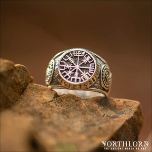 Vegvisir Ring With Jormungandr Knotwork Sterling Silver - Northlord